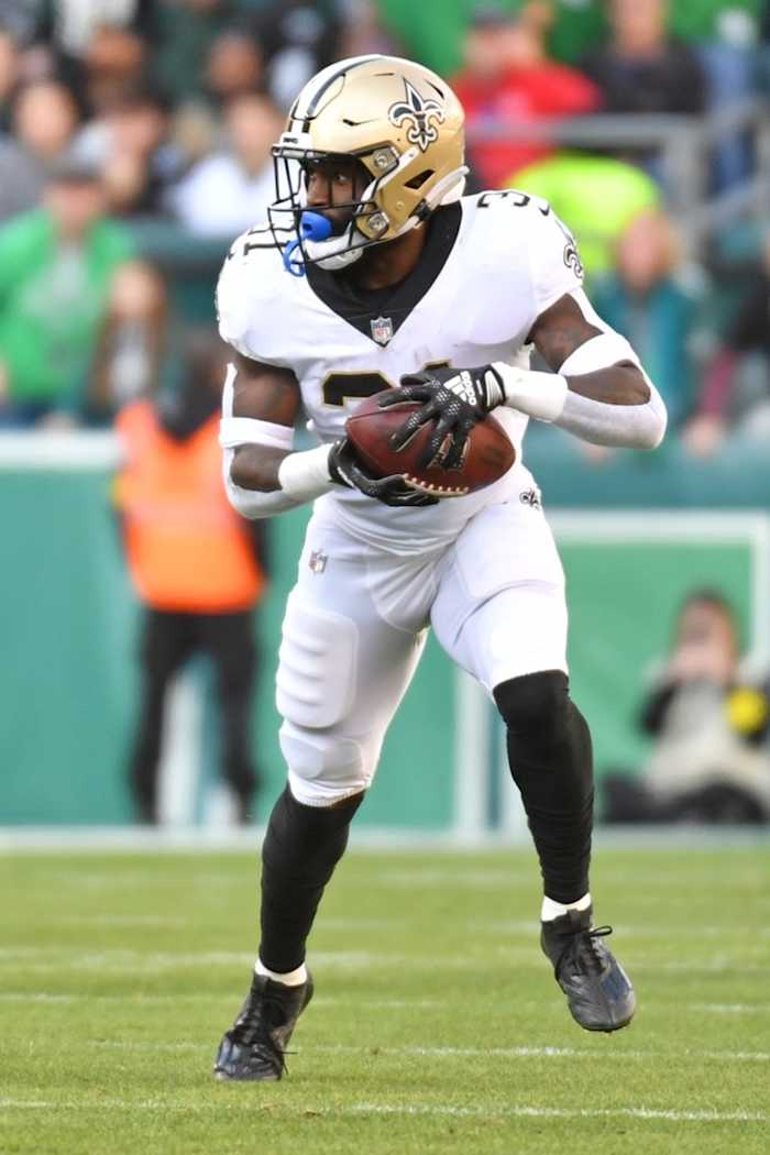 Jan 1, 2023; New Orleans Saints running back Eno Benjamin (31) runs against the Philadelphia Eagles. Mandatory Credit: Eric Hartline-USA TODAY Sports